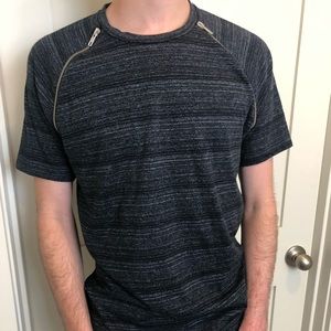 Guess Navy Abstract Striped T-Shirt with Zipper Accent